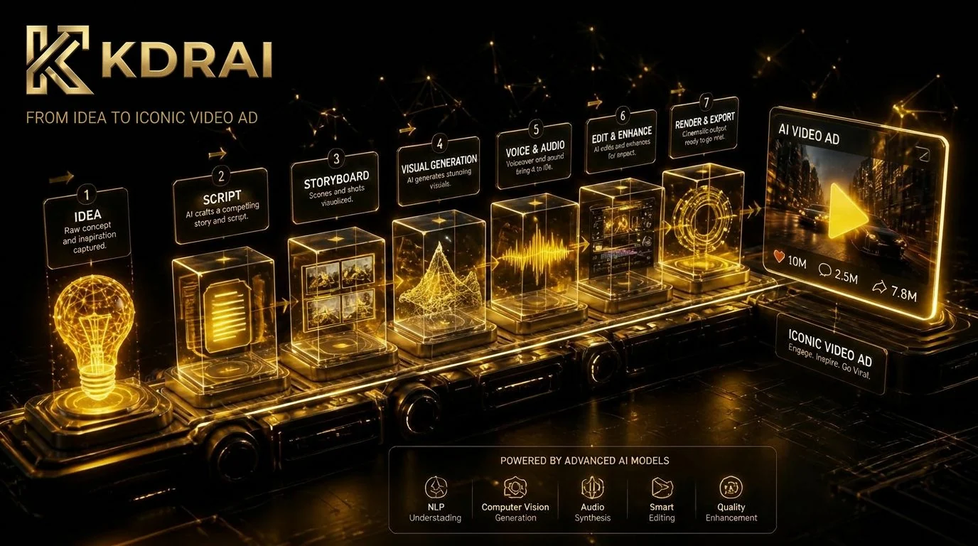 KDRAI AI Creative System pipeline — from idea to iconic video ad