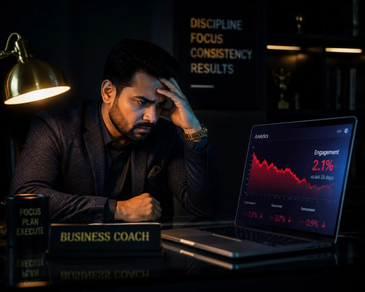 Frustrated coach staring at declining ad analytics
